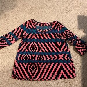 Almost Pink Geometric Boho Blouse Pink Black Teal Bell Sleeve Top S Retro